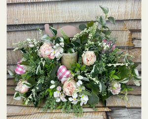 Floral farmhouse decoration with candle, pink floral centerpiece, shabby floral
